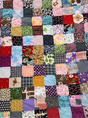 Vintage 70's 46”x 77” Patchwork Quilt Groovy Patterns Colors Mod
